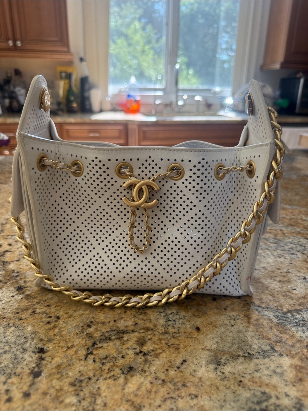 White Perforated Leather Shoulder Bag with Gold Chain